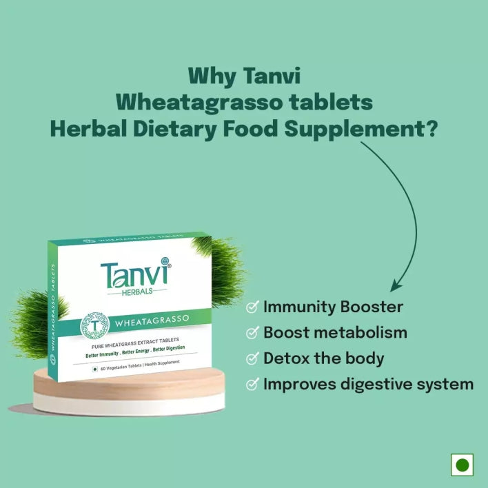 Wheatagrasso Tablets | Herbal Wheatgrass Extract – Food Supplement | Natural Antioxidant, Energy, Detox, Immunity Booster